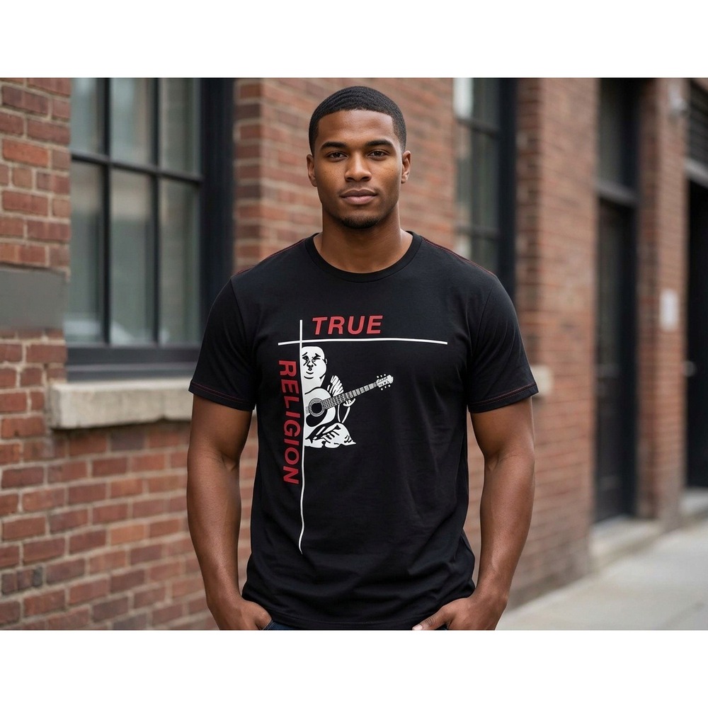 True Religion Graphic Tee Mens XXL Black Buddha Guitar Short Sleeve Streetwear